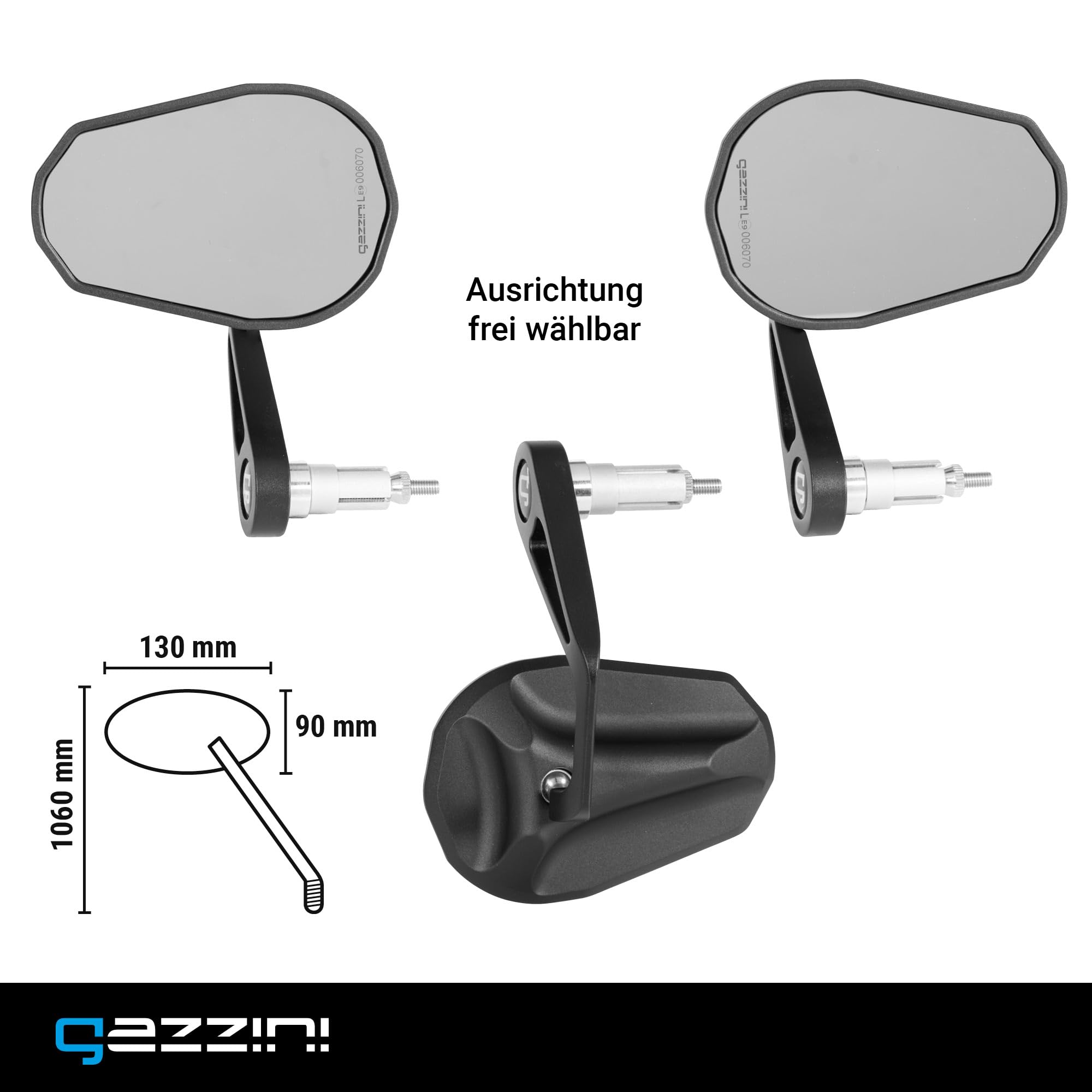 gazzini Lenkerendenspiegel Napoli, Motorrad Spiegel Links oder Rechts, Lenkerendenspiegel E Geprüft, Universalspiegel Schwarz, Spiegel Motorrad Aluminium, 1 Stück