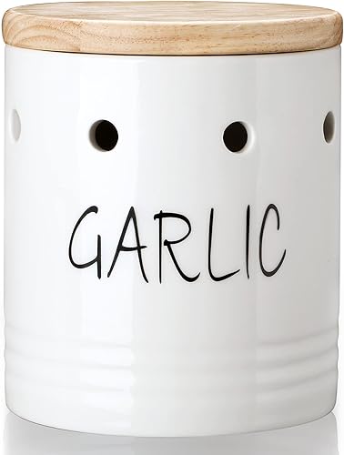 Contenedor de ajo de cerámica con tapa de madera, contenedor de ajo para mostrador, fácil de limpiar, ahorra ajo para mantener tus dientes de ajo