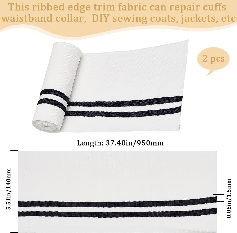 GORGECRAFT 2PCS 37.4x5.5 Inch Elastic White Ribbing Fabric Neckline Collar Trim Waistbands Collar Cuffs Trim Material Black Stripe Waistband Knit Neckbands for Jacket Sewing Waistband Neckband Cuffs