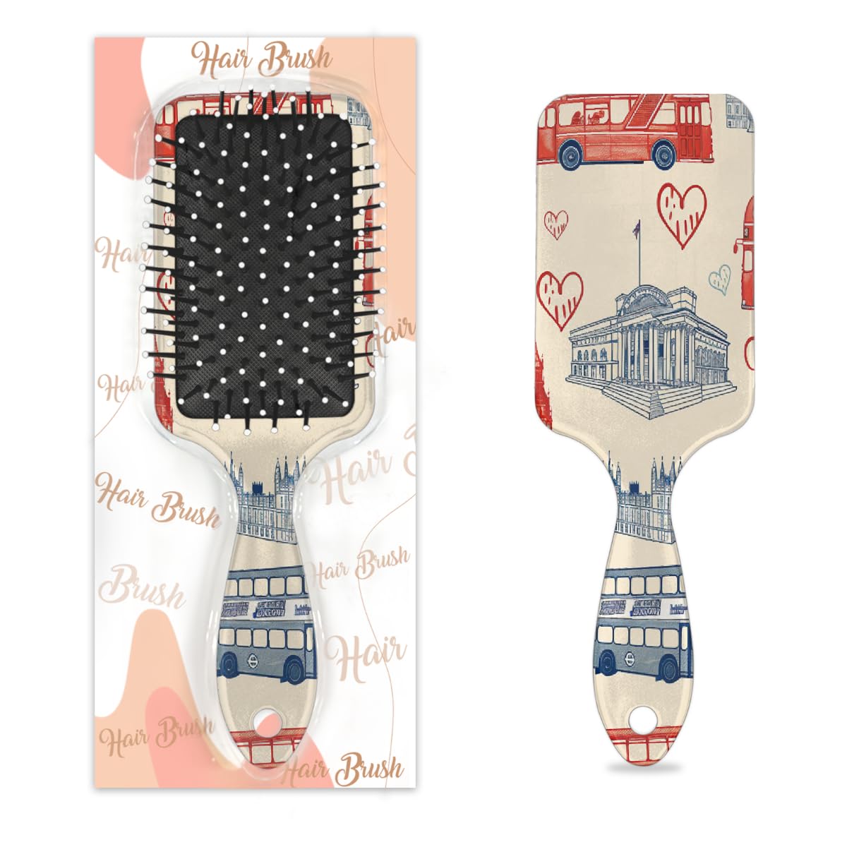 Hair Brush for Women - Cushion Massage Detangler Brush with British London Bus Big Ben Pattern, Anti-Static Smoothing Hairbrush for Wet/Dry Hair