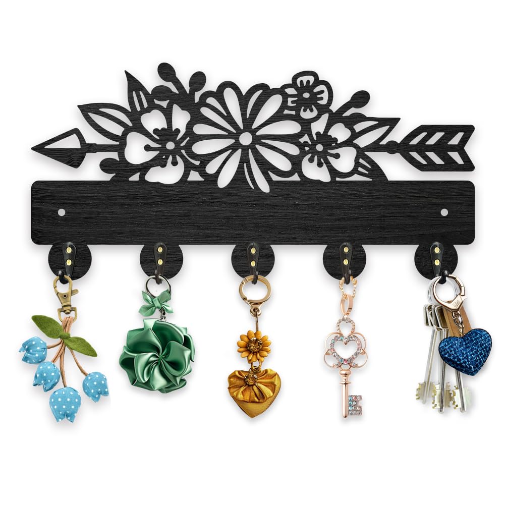 MAYJOYDIY Wood Flowers Leaf Coat Racks Wall Mounted Arrow Flower Key Hook for Wall 30×14.8 cm Black Plants Art Key Rack with 5 Alloy Hooks for Bedroom Kitchen Entryway Office