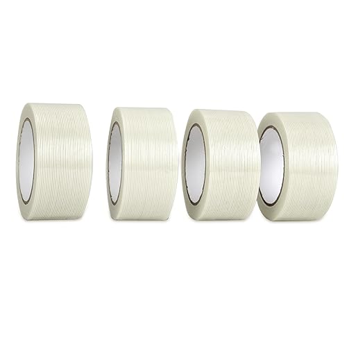 4 rollos de cinta de fleje de filamento mono de 5.4 mil x 2 pulgadas x 30 yardas, cinta de embalaje de fibra de vidrio reforzada transparente