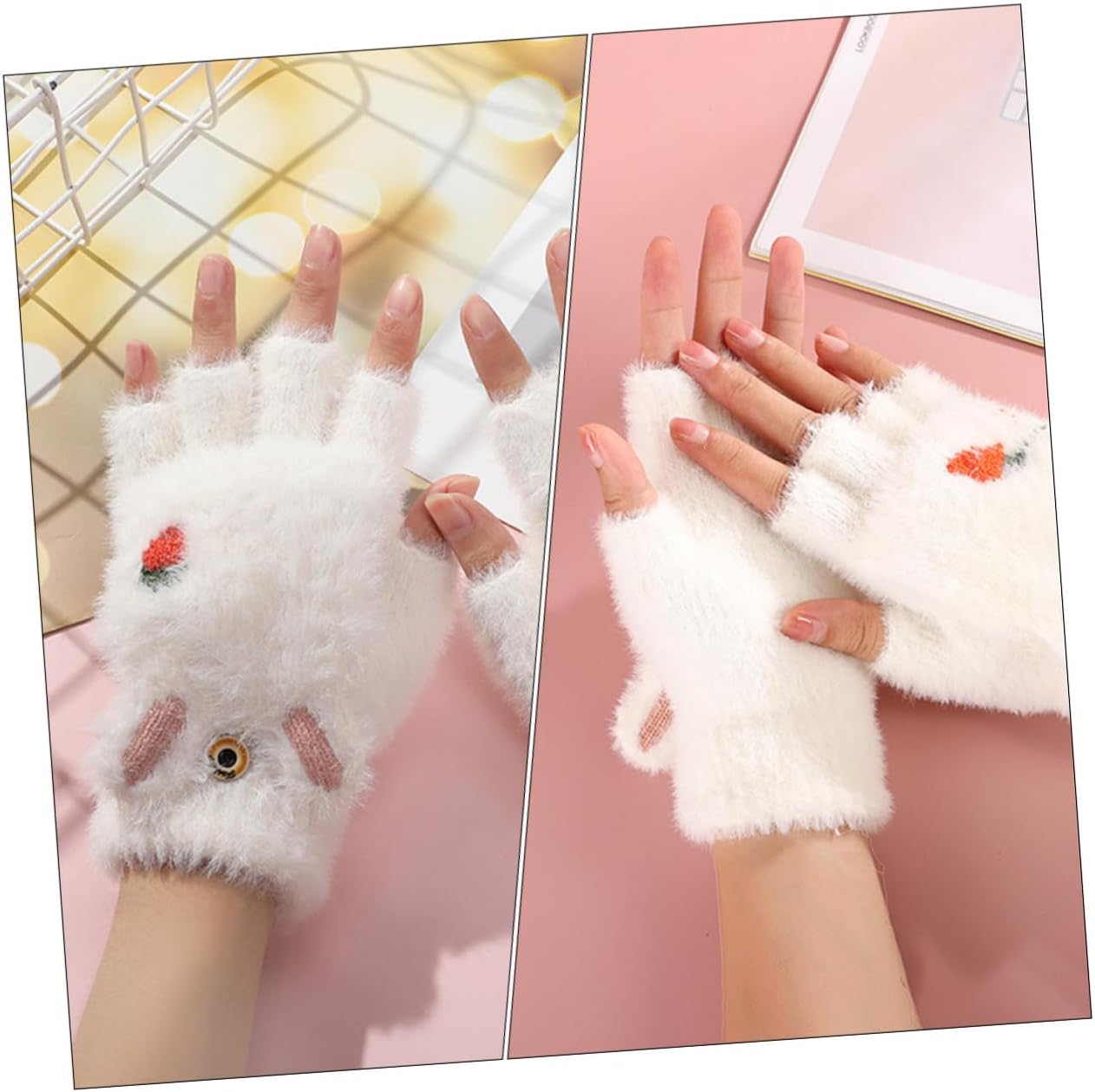 Cartoon Winter Gloves with Flap Cover, Thickened Half Finger Warm Convertible Mittens, White Fingerless Gloves for Outdoor Cold Weather