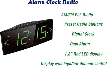 HANNLOMAX HX-112CR Alarm Clock Radio, AM/FM, 1.8 LED Display (Black) | AM/FM Radio, Digital Clock, Dual Alarm, 1.8 Green LED Display, Dimmer
