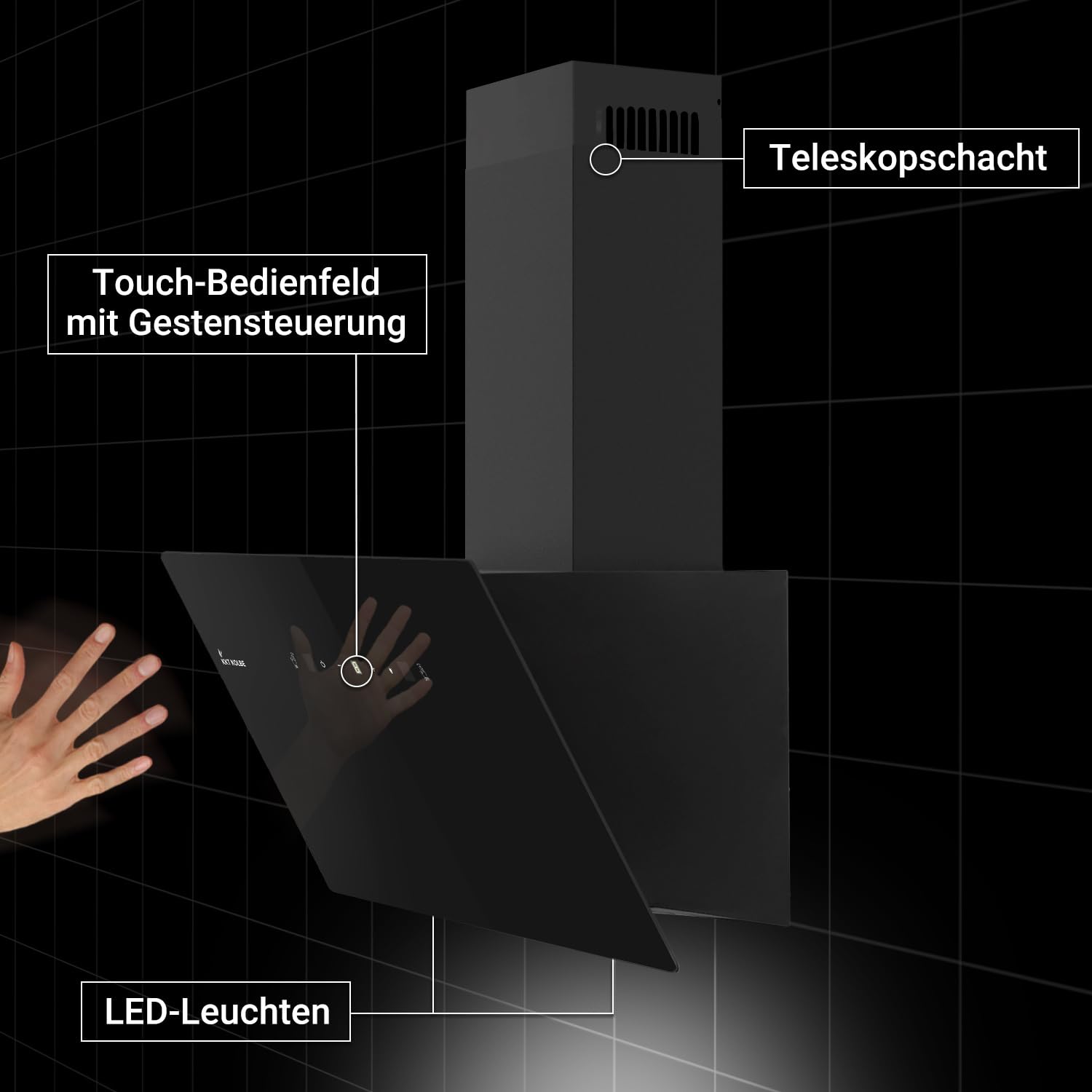 KKT KOLBE Dunstabzugshaube 60cm Umluft Abluft 782cbm/h Wandhaube Kopffrei Schwarz Glas Gestensteuerung SensorTouch LED-Beleuchtung TRIO6025S