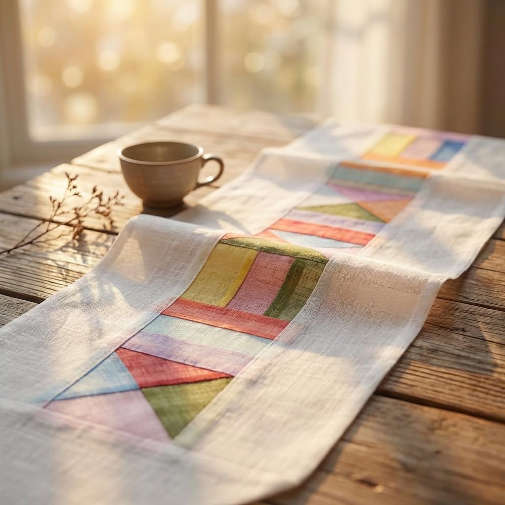 Korean Bojagi Table Runner for Dining Table, Modern Table Runner with Natural Ramie Fabric, Patchwork Korean Traditional Decor, Cottage Core Farmhouse Table Runner 78 Inch