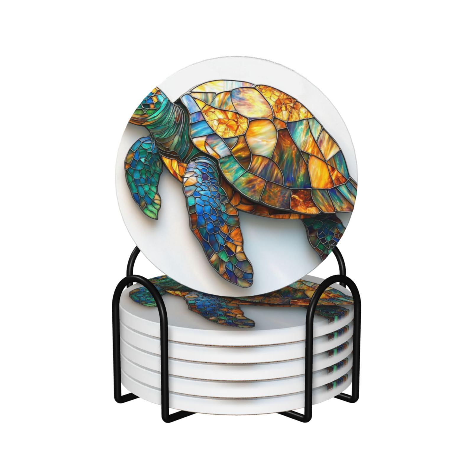 Stained Glass Large Sea Turtle Ceramic Coasters with Holder 6ps