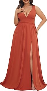 Women's V Neck Sleeveless Side Slit Pleated Plus Size Summer Floor Length Formal Dresses Bridesmaid Gowns