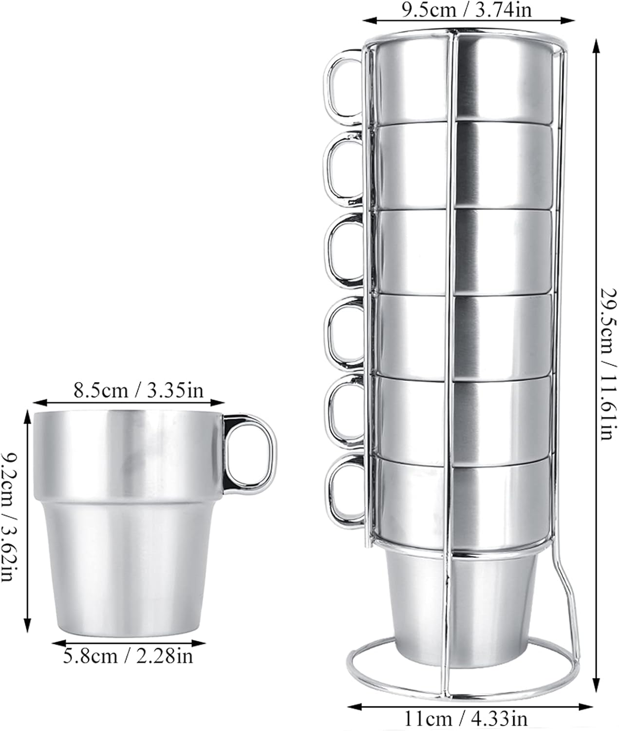 Stackable Espresso Cups, Stainless Steel Insulated Coffee Mugs Set of 6, With Handle and Mug Rack