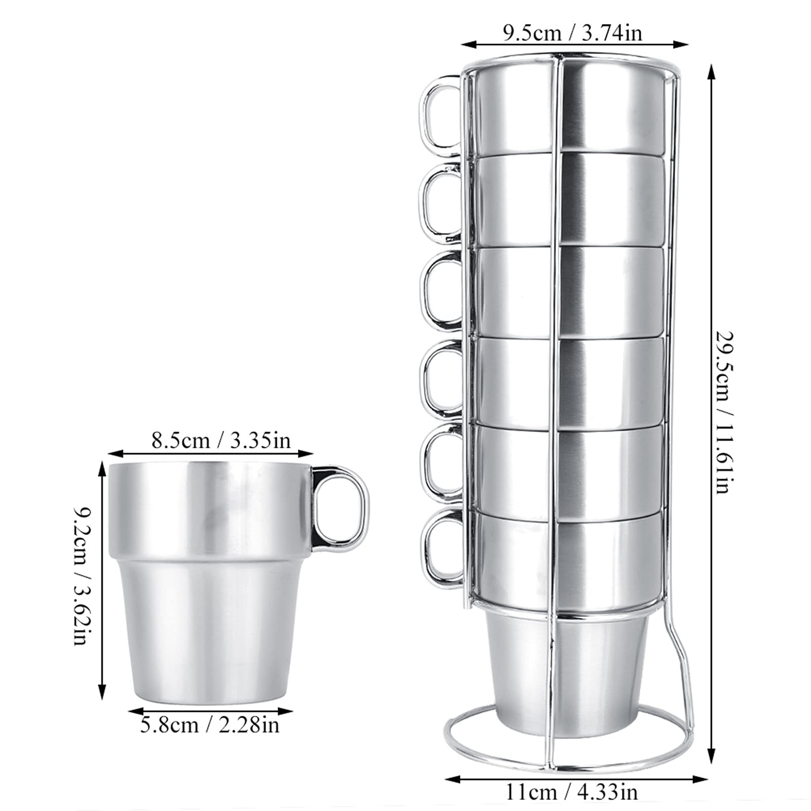 Juego de 6 Tazas de Café con Aislamiento de Tazas de Espresso de 10 oz, Tazas de Café de Acero Inoxidable, Taza de Café Apilable con Asa Y Estante para Tazas