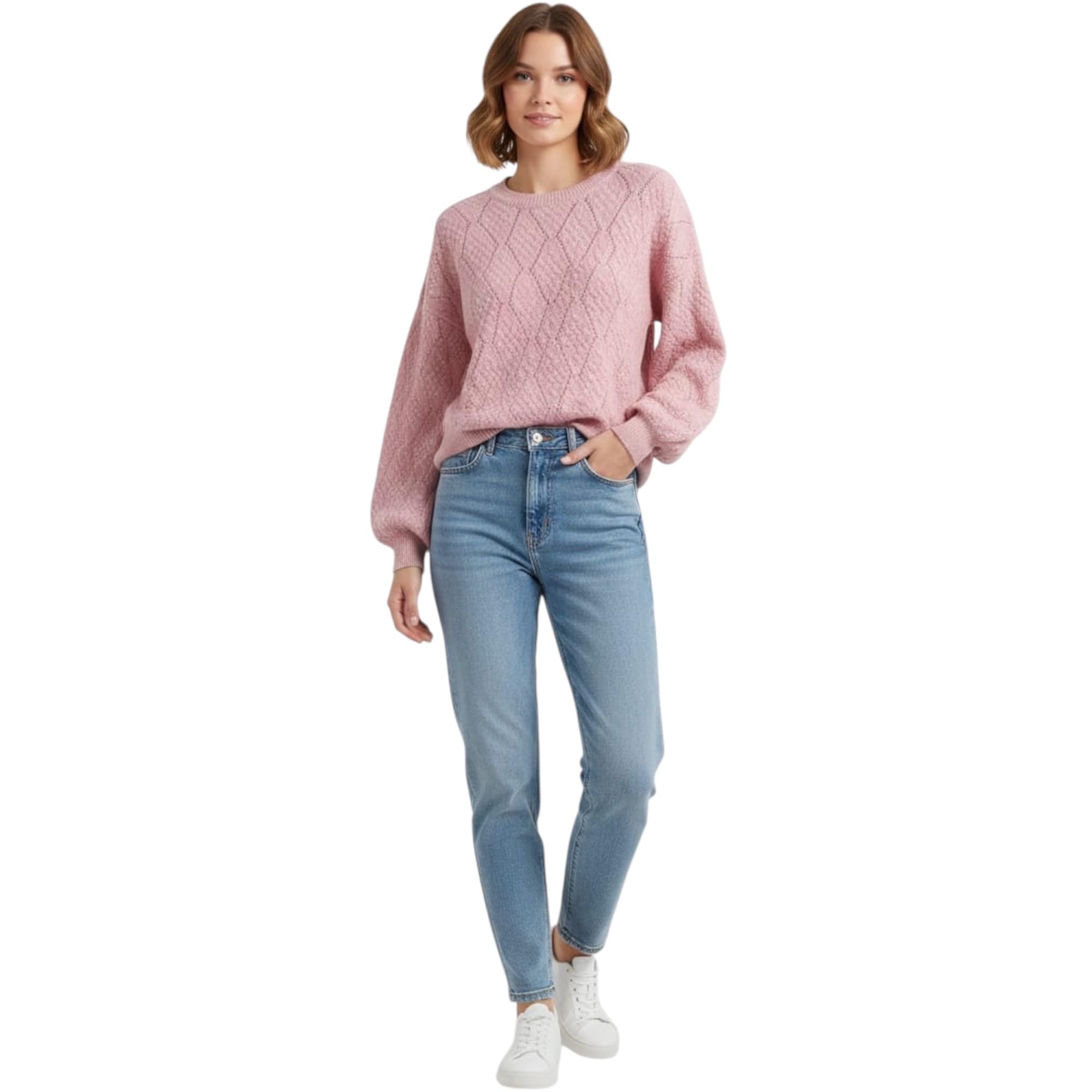 Women's Pink Crochet Knit Balloon Sleeve Sweater Crewneck Winter Pullover Jumper L Bust 44-picture-23