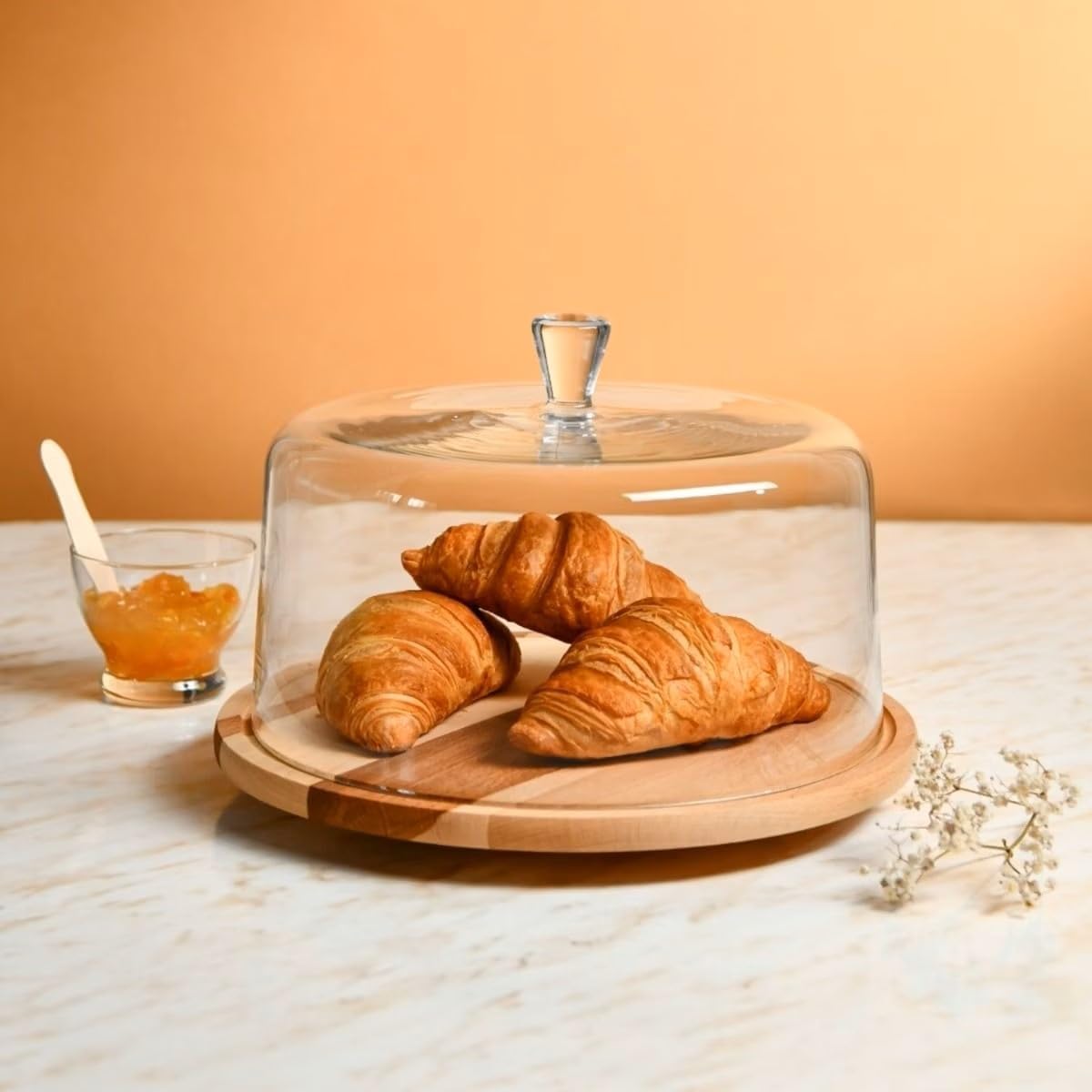 Barski Wood Cake Plate with Glass Dome Lid – Rotating Lazy Susan Base – 13" Diameter – Serving Platter for Cakes, Pastries, Desserts, Snacks, Parties, Kitchen Tableware, Buffet Display – Made in Europe