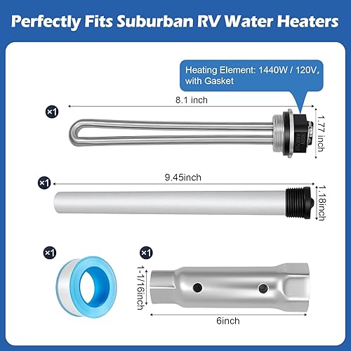 Miniatura 2 de 520900 Kit de elemento calentador de agua RV y ánodo de magnesio con llave de elemento, juego de mantenimiento para la serie Suburban SW, elemento