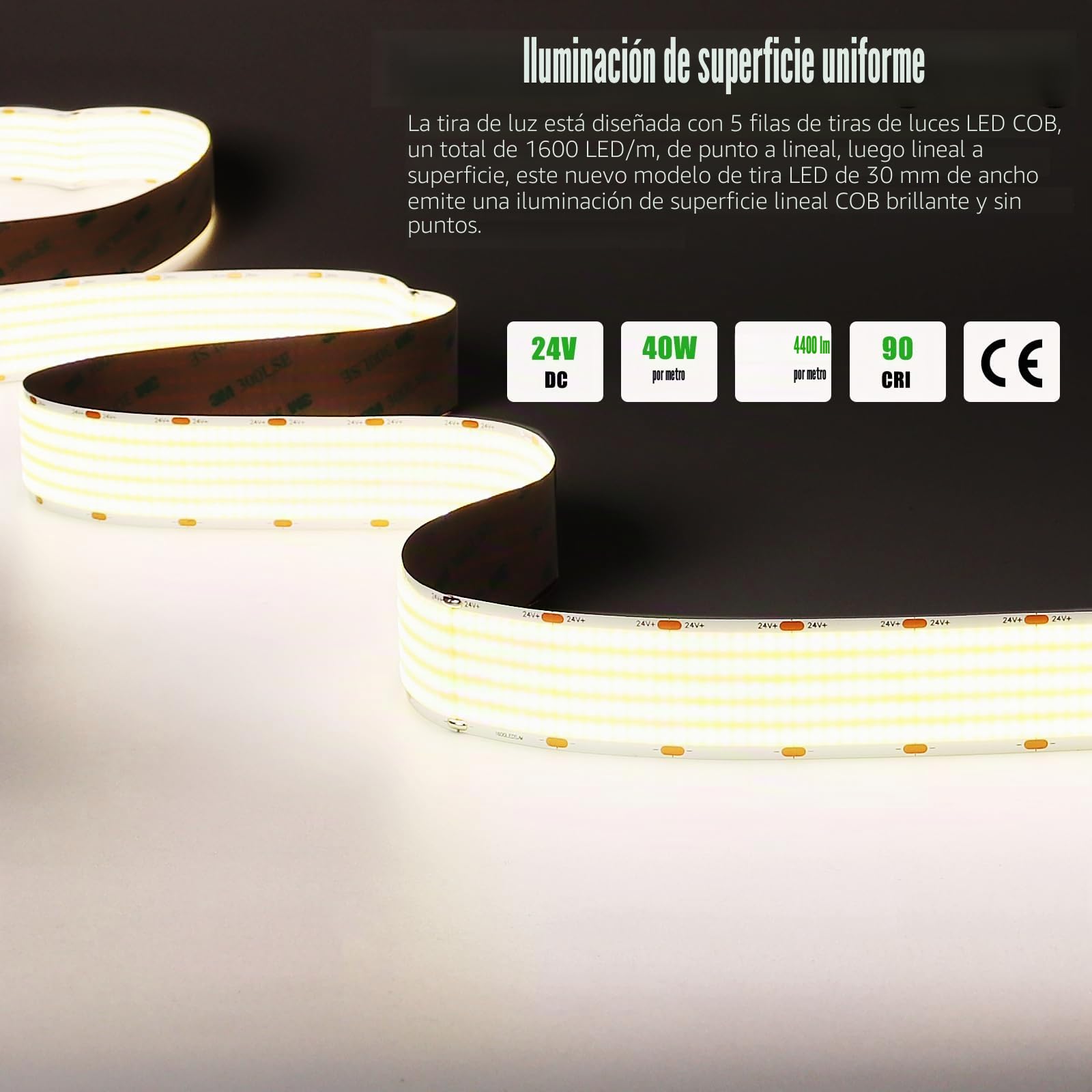 JOYLIT Tira LED COB 5 Filas 24V 5M 4000K 4400 LM/m Sin Puntos Interior | 1600LEDs/M, 40W/M, Ultra Brillante Blanco Natural, 30MM Ancho, CRI 90+, Regulable,Cortable, Autoadhesivo Cinta LED