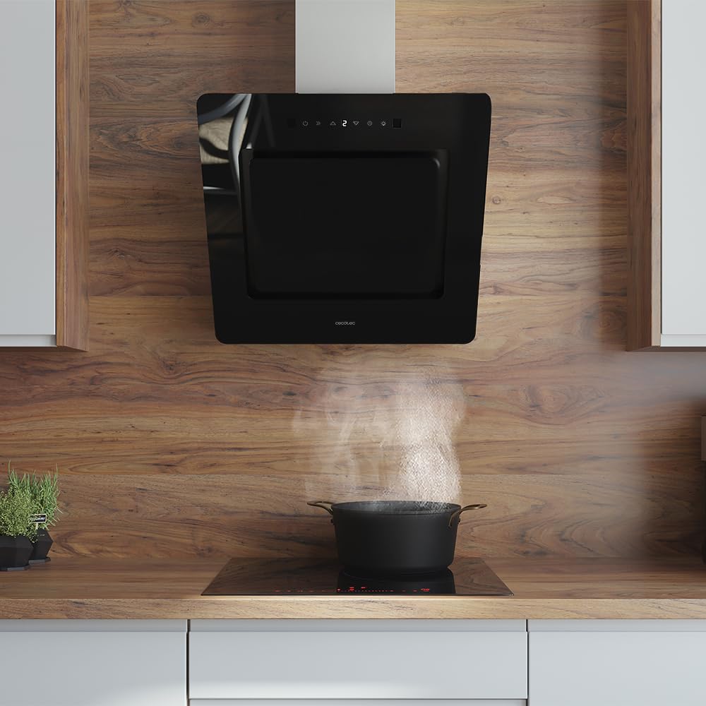 Cecotec Campana Extractora Decorativa 60 cm Bolero Flux DT 608002 Glass Black A++, 210W, Iluminación LED, Succión 800m3/h, Control Táctil, 3 Niveles, Filtro Carbono, Hand Movement, Delay Function