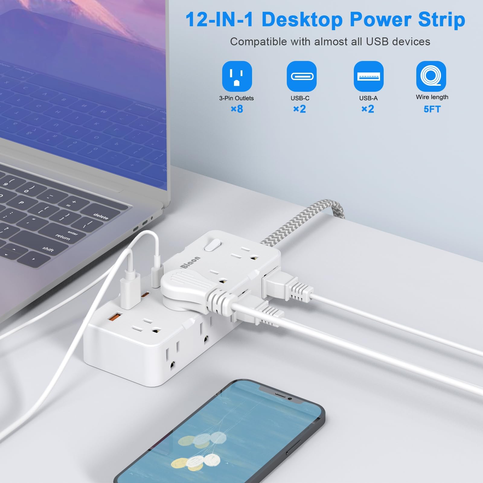 Power Strip Surge Protector - Multi Plug Outlet Adapter with 8 Widely Outlets & 4 USB Ports (2 USB-C), 5FT Extension Cord 45 ° Ultra Thin Flat Plug, Wall Mount for Office Travel Dorm and More