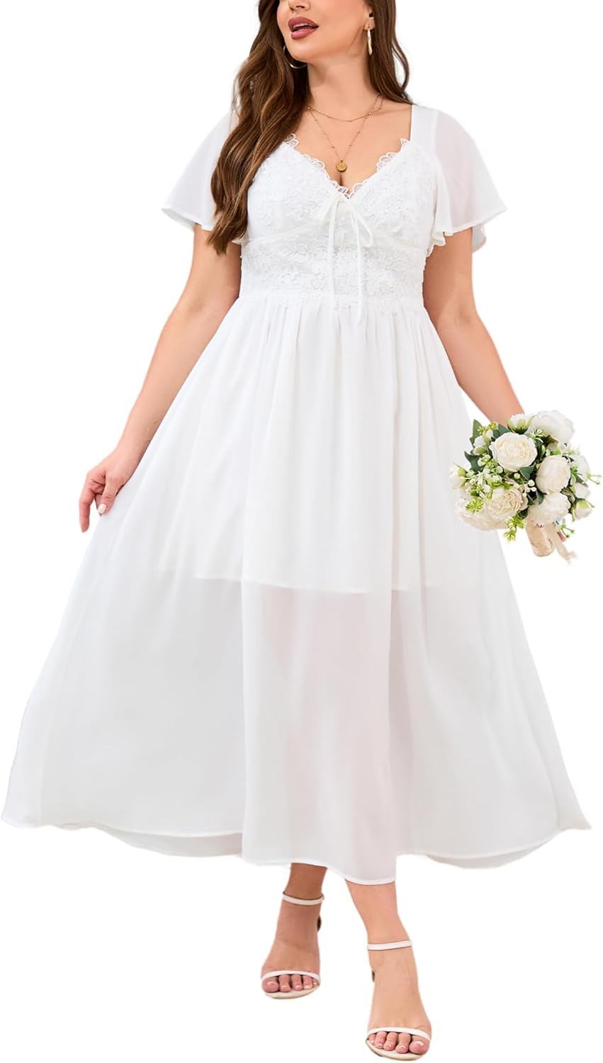 Women's Plus Size Formal Dress Lace Chiffon Maxi Dress,Open Back Cocktail Dress for Wedding Guest,Party,Gala Events