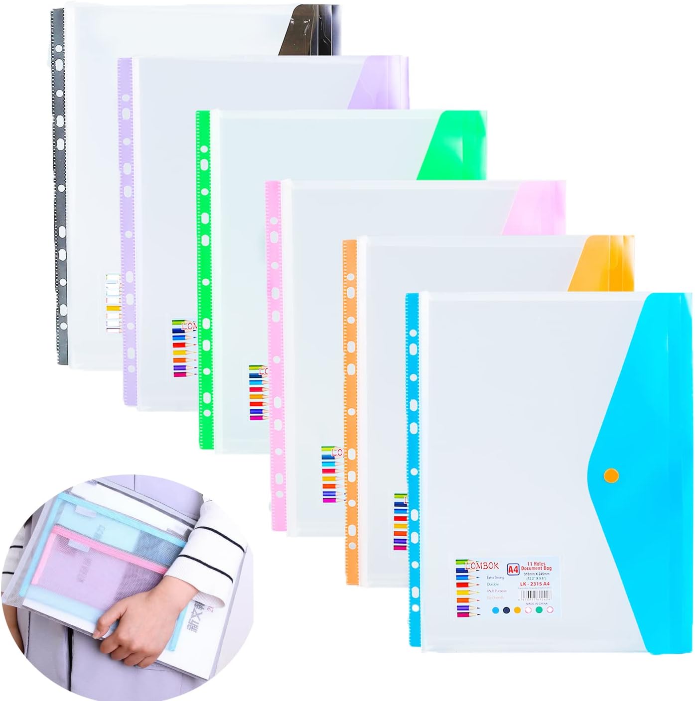 6pcs Plastic Envelopes Binder Pocket, 11 Holes Expandable