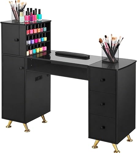 Mesa de manicura para uñas con cajones, escritorio profesional de tecnología de uñas con USB y tomas de corriente, maquillaje de uñas, salón de