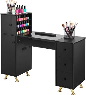 Manicure Table Nail Desk for Nail Tech, Professional Nail Station with USB & Power Outlets, Nail Beauty Salon Storage Acetone Resistant w/Metal Legs, Wrist Cushion, Multiple Shelves – Black Gold