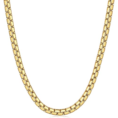 Fiusem Flat Box Chains for Men, 14k Gold Plated/Black Stainless Steel Chain Necklace, 2.5/3/4/4.5/5mm Necklaces for Men and Women 16-28 Inch