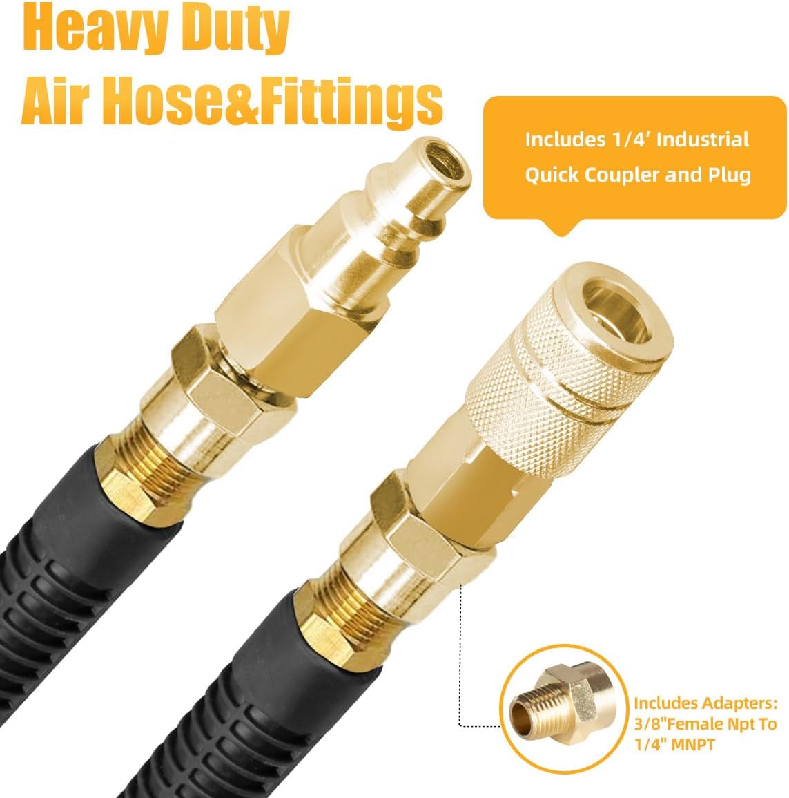 SANFU Hybrid Air Hose 1/2”ID x 50FT, 300PSI Durable, Heavy Duty, 3/8" and 1/4" Air Fittings Kits Reassembled, Bend Restrictors, Black(50’)
