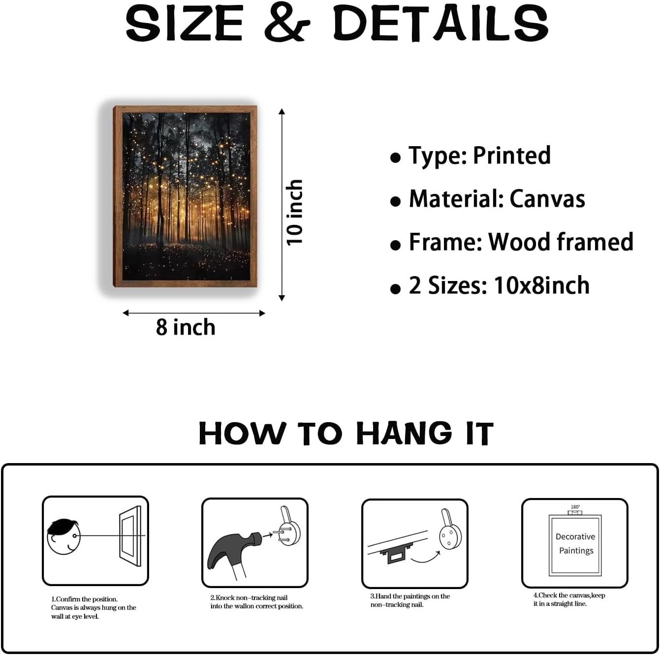 Enchanted Forest Firefly Canvas Wall Art, Dark ​Twilight Landscape Wall Decor, Rustic Botanical Nature Tree Art Prints for Bedroom Living Room Dining Room Office Decoration 8x10 inch Wood Framed image 2