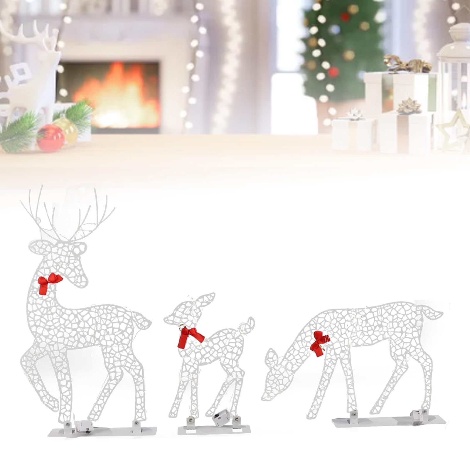 3 Stück beleuchtete Weihnachtsdekoration mit Hirsch, warmweißes Licht, Eisen-LED-Rentier-Familien-Set, Tischdekoration für drinnen und draußen (Leuchtender Hirsch ‑01)