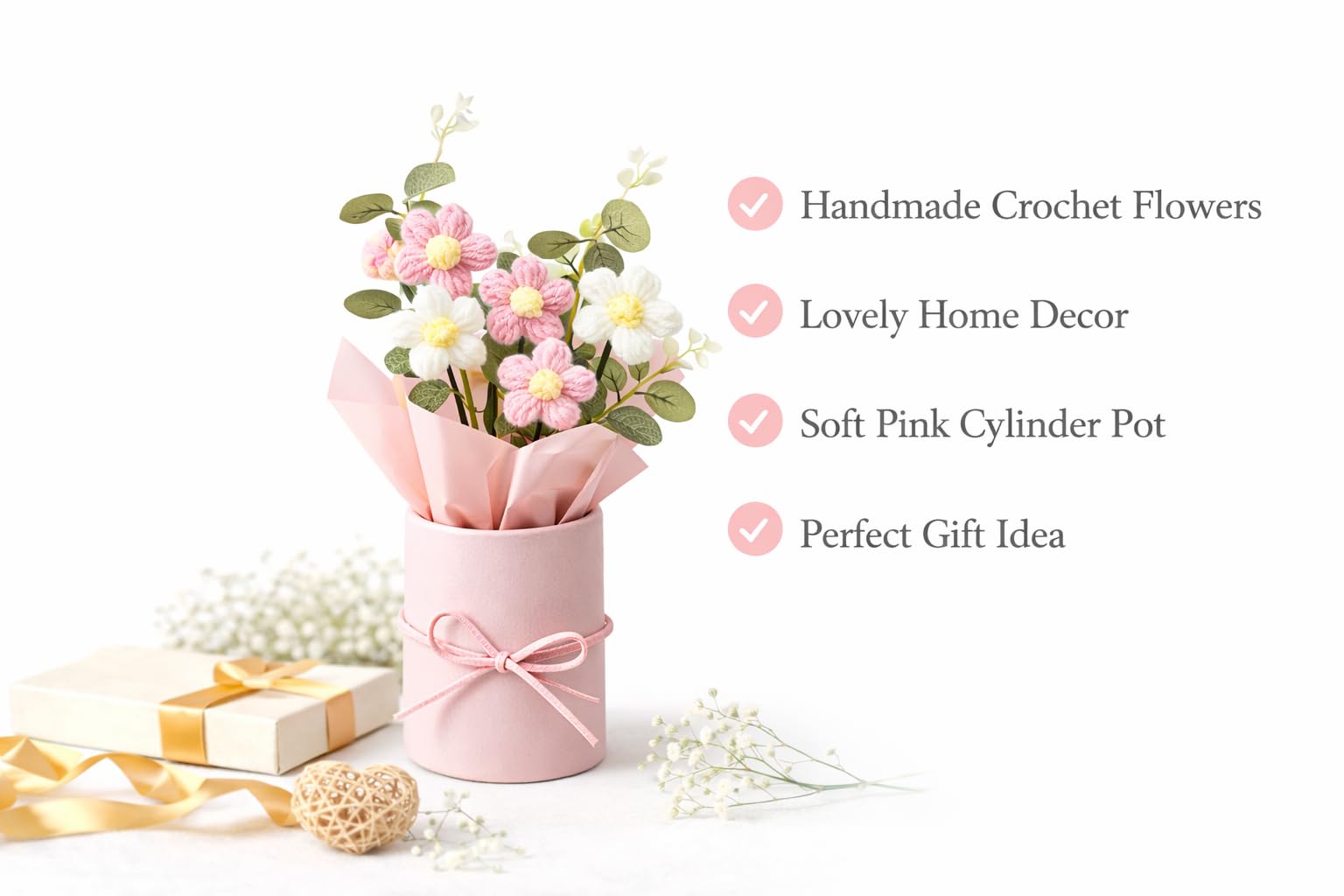 QLECT Home Decor Artificial Crochet Flower Bouquet/Artificial Flowers Bunch/Crochet Flowers Bouquet/Crochet Flowers/Flowers Bouquet Gift for Girls Home Decor,Gifting,etc. (Pink Daisy Bouquet)