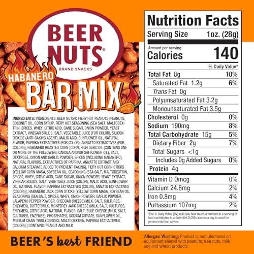 Beer Nuts Habanero Bar Mix, Fiery Hot Habanero Mix Of Peanuts, Corn Sticks & Insane Grain, Spicy Bar Mix for Any Party, Resealable Jar (28oz, Habenero)