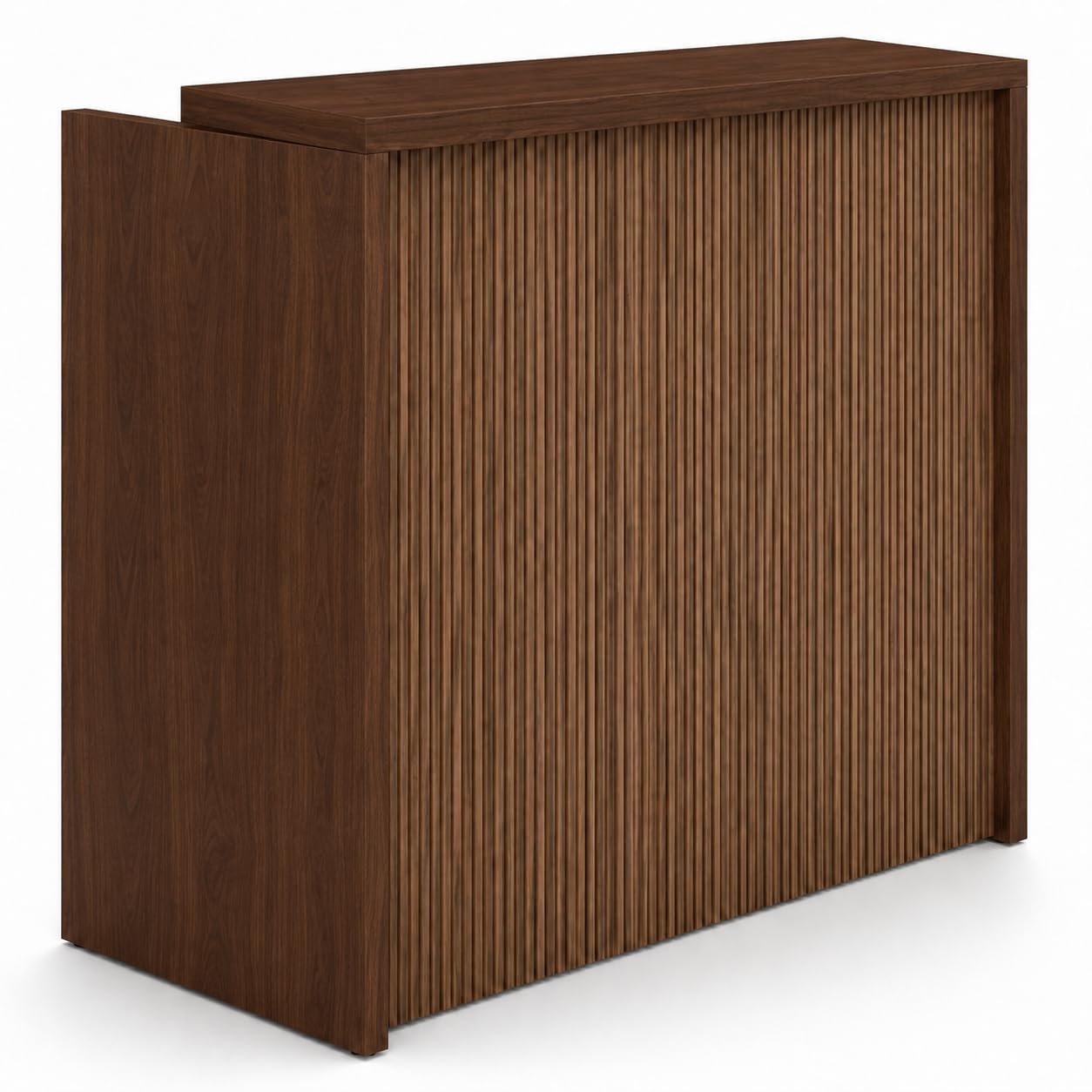 Mostrador de Recepción Compact Milos. Mesa Mostrador para Oficina, Clínica, Peluquería y Tienda, Diseño Decorativo Efecto Listones, Sin Relieve (100cm Ancho, Estructura Nogal)
