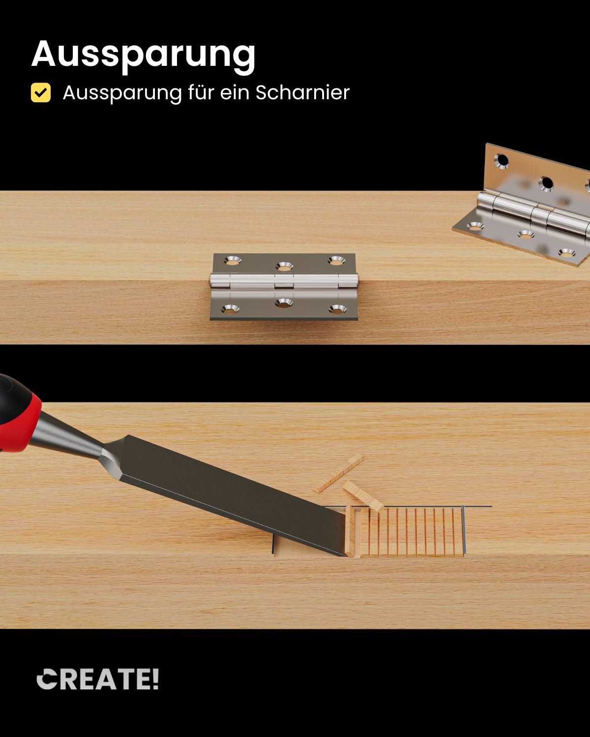 CREATE! Stemmeisen, Stechbeitel, Meißel 4er Set (6, 13, 19, 25 mm) mit Stahlkappe und mit einem 25° Winkelschliff
