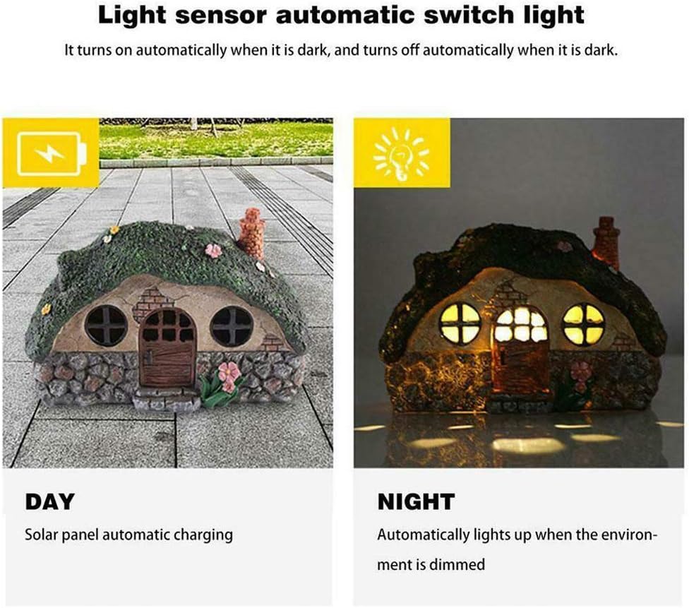 8" Fairy House Garden Statue, LED Lawn Yard Light Outdoor Garden with Solar Powered Decor Cottage Figurines for Outdoor Home Yard Decor