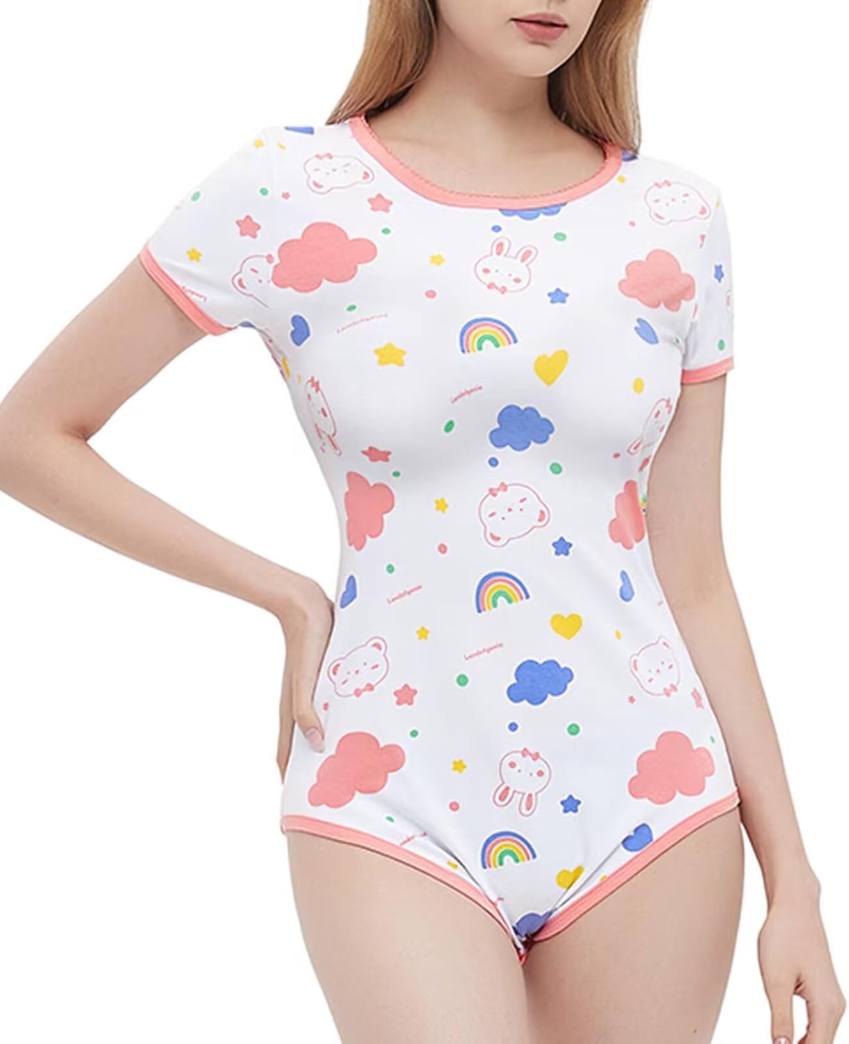 Landofgenie Womens Sleep Jumpsuit Romper Short Sleeve Bodysuit For Women Onesie Strawberry Bodysuit