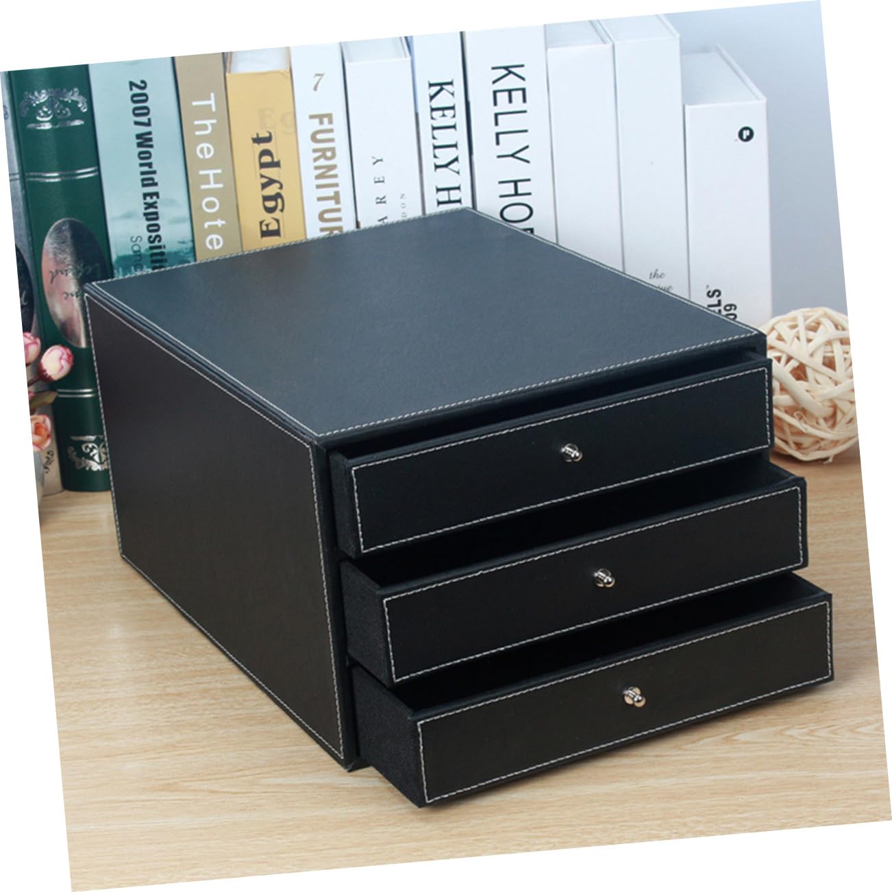 Caja de Archivos de Escritorio de Cuero Negro de Tres Capas | 1 Pieza, Madera y Pu, Fácil de Tomar, para Documentos y Objetos Pequeños, Dormitorio o Sala