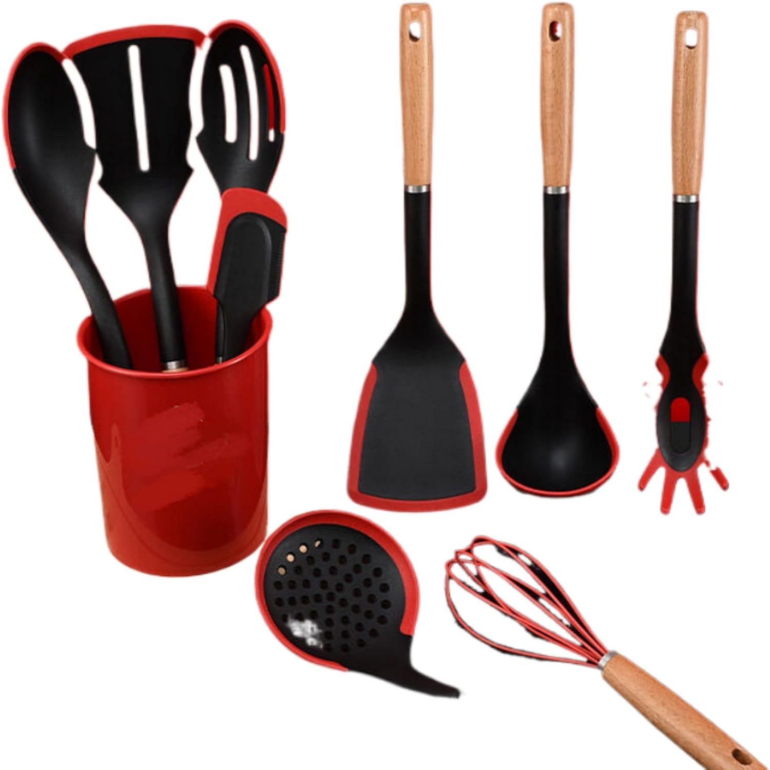 Kitchen Ceramic Cookware Sets, 木柄尼龙厨具9件套装 不粘锅耐高温厨房 Kitchen Gadgets, Cook Accessories 烹饪铲勺套装 KCookware Accessories - 1032