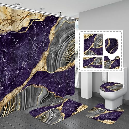 Gibelle 4 Pcs Marble Shower Curtain Set with Non-Slip Rugs, Toilet Lid Cover and Bath Mat, Luxury Purple Bathroom Decor Set with Shower Curtain and Rugs and Accessories