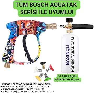 Polham Tüm Bosch Aquatak Serisi ile Uyumlu Basınçlı Yıkama Makineleriyle Uyumlu Profesyonel Araç Yıkama Tabanca Seti