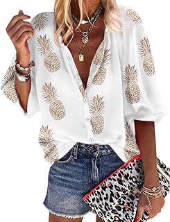 Women Pineapple Printed Lapel Collar Half Sleeves Buttons Down Blouse Shirt