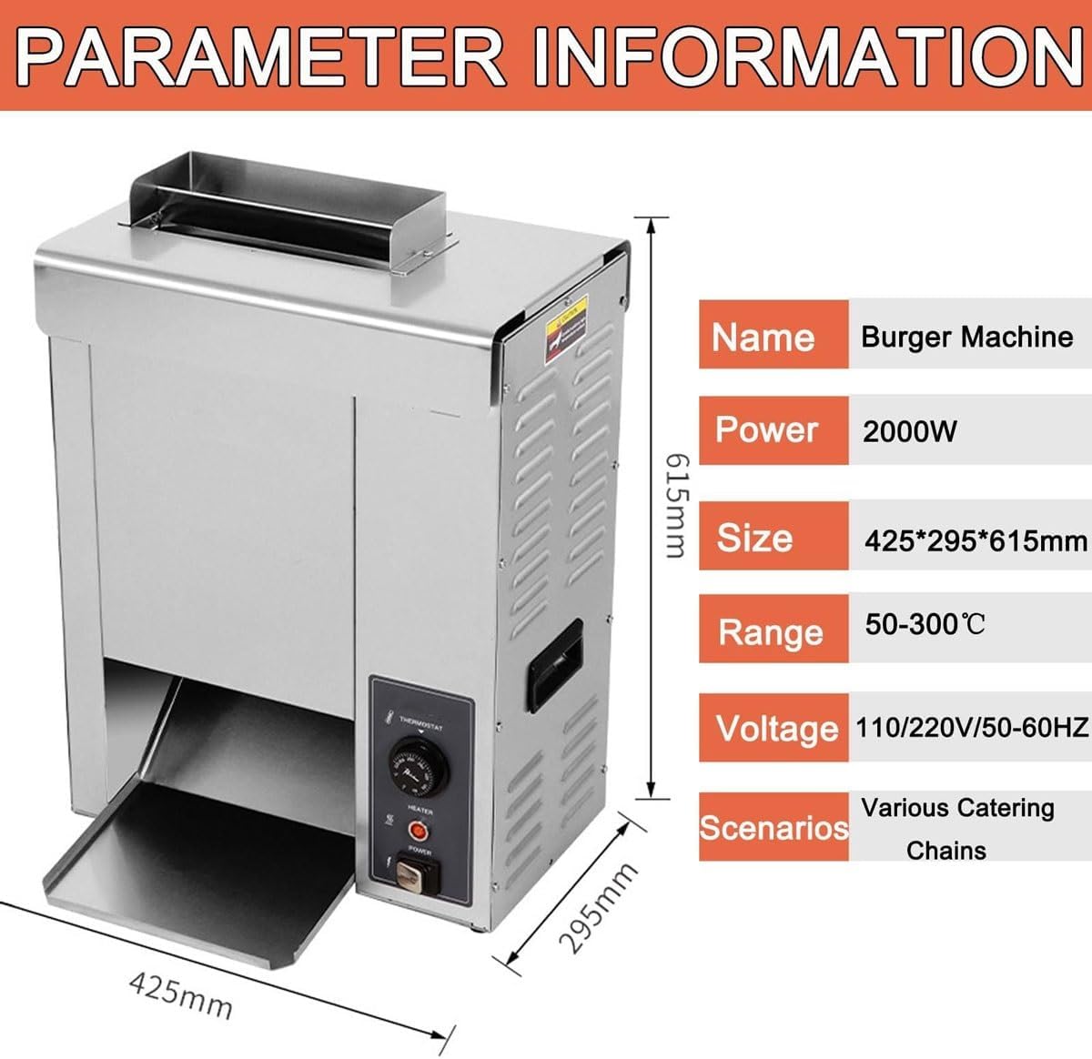 Commercial Burger Machine,2000W Vertical Chain Type Electric Bun Toaster with 50-300℃ Adjustable Temp,Automatic Chain Hamburger Machine,for Fast Food Restaurant