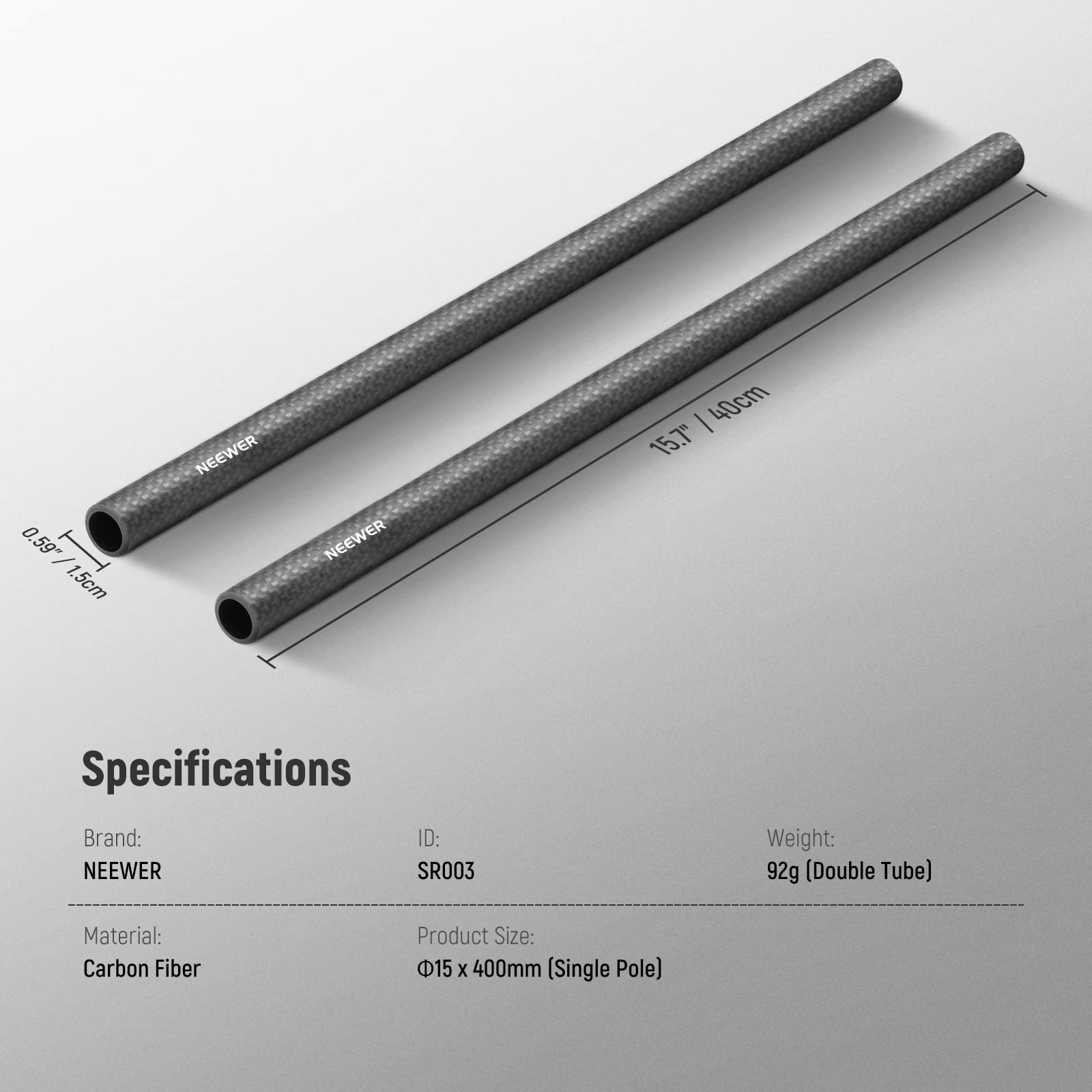 NEEWER 15mm Tiges d'extension en Fibre de Carbone 40cm Compatible avec SmallRig Compatible avec Tilta Système de Support d'épaule Rail,DSLR,Cage de stabilisation de caméra,Matte Box,Base Plate,SR002