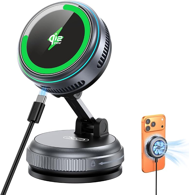 Cargador magnético para auto Qi2.2, carga rápida de 25 W y refrigeración por hielo, soporte de cargador inalámbrico rápido giratorio de 360° con ventilador de refrigeración/luz LED, soporte magnético al vacío para teléfono compatible con iPhone 12-17, S26/S25