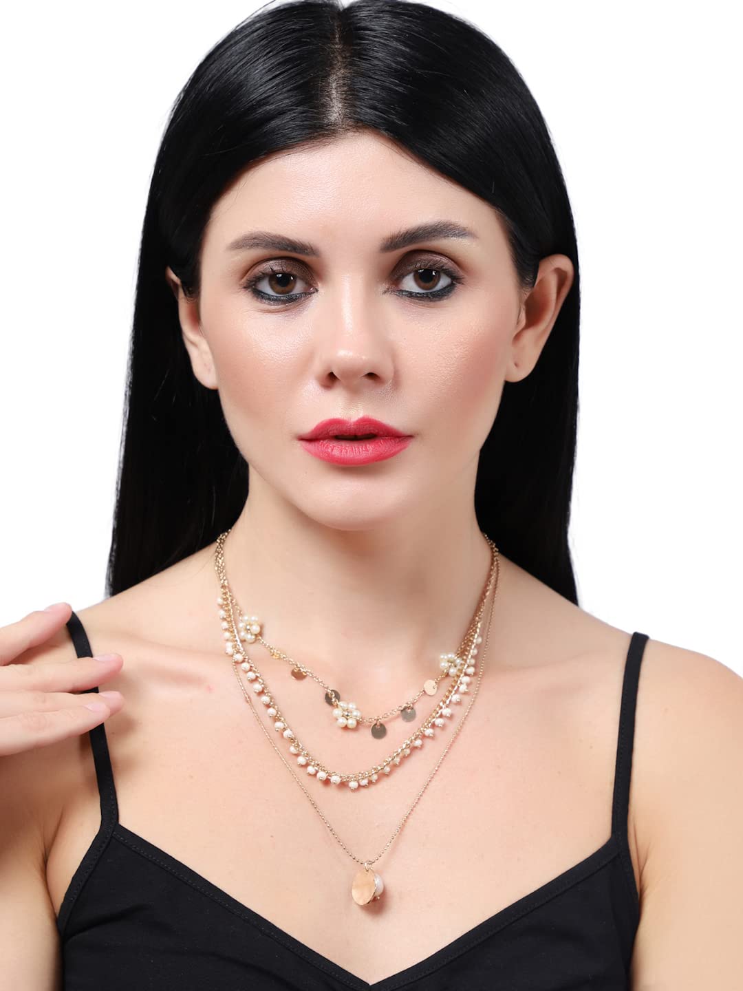 Layered Pearl Seed Bead Metal Charm Drop Necklace