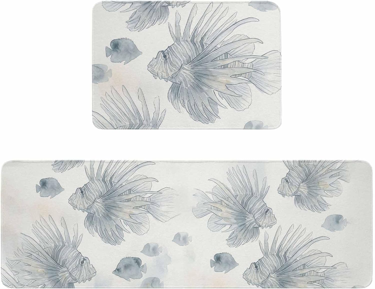 Beach Coastal Fish Kitchen Rugs and Mats Set of 2, Non-Slip Kitchen Sink Mat, Watercolor Sea Ocean Nautical Washable Doormat Bathroom Rugs Runner for Bedroom/Living Room 17.7"x30"+17.7"x47.2"