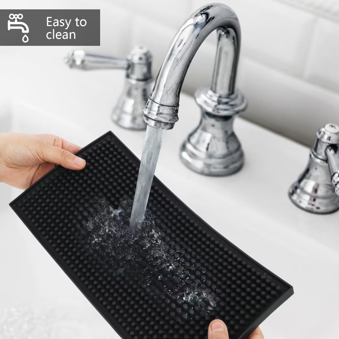 Xibany Tapete de bar pequeño, 6 x 12 pulgadas, tapete de café negro de PVC para accesorios esenciales de bar en el hogar, tapete de cóctel para camarero, tapete de derrames para encimera de cocina,
