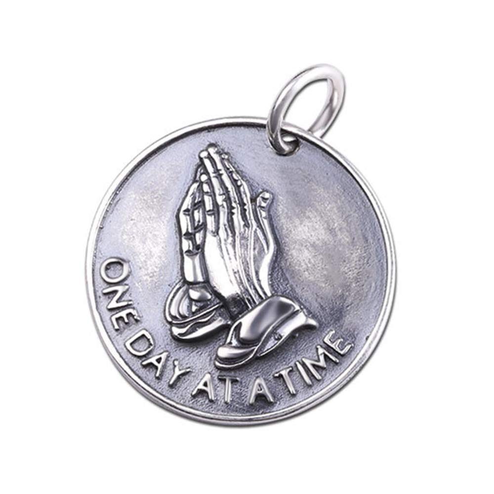 Collana ciondolo pendente medaglia moneta con mani in preghiera in argento sterling 925 per uomo donna