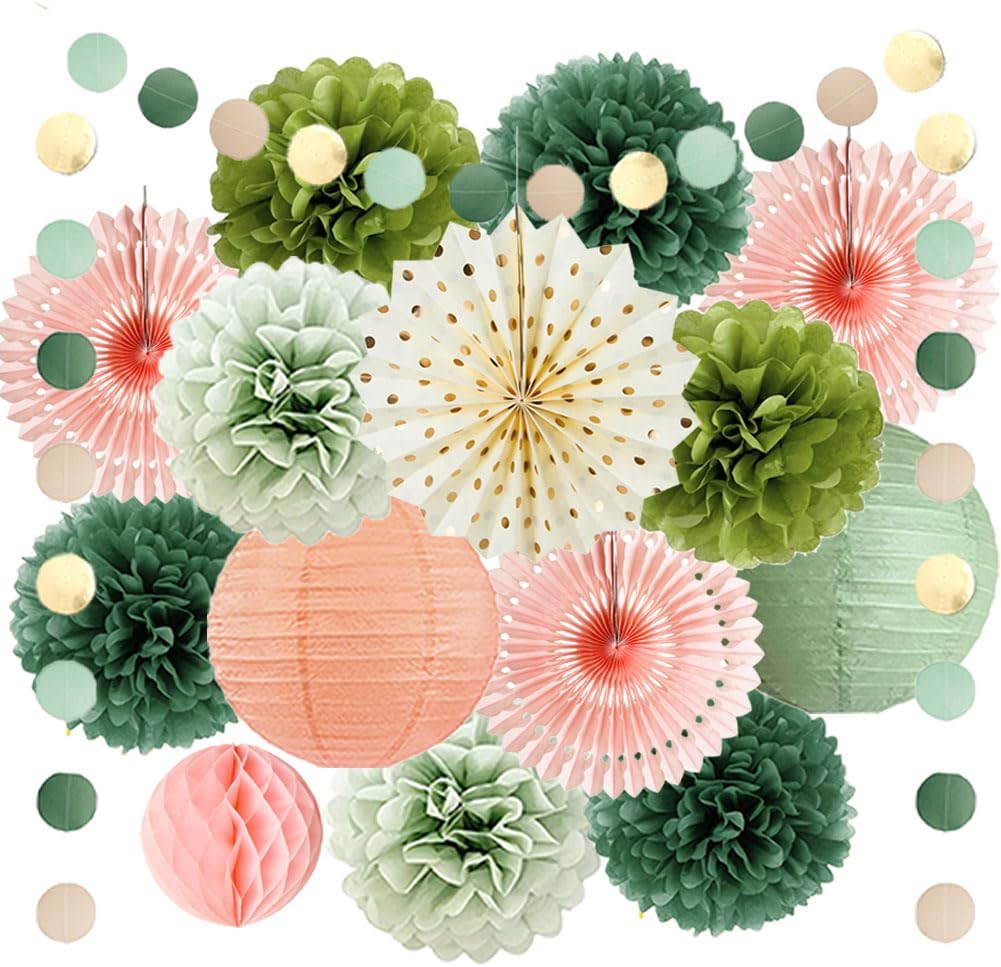 Retro Olive Sage Green and Pink Party Decorations Boho Sage Green and Peach Party Decorations Paper Fans Olive Poms Peach Lanterns for Birthday Baby Shower Bridal Shower Wedding Engagement Graduation
