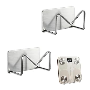 MOROBOR Weight Scale Holder Wall-Mounted, 2pcs Self Adhesive Smart Scale Stand Adjustable Multi-Use Wall Storage Bracket Fit for Home Gym Bathroom Bedroom Kitchen Dorm RVs Pantry/Silver