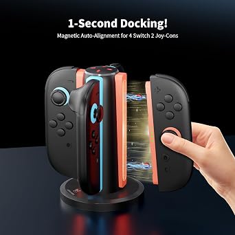 AceGamer 4-In-1 Charging Dock for Nintendo Switch 2 Joy-Con in Any Direction, 4-Port Magnetic Charging Station, Vertical Fast Charging Stand with LED Indication and USB Type-C Charger Cable, Black