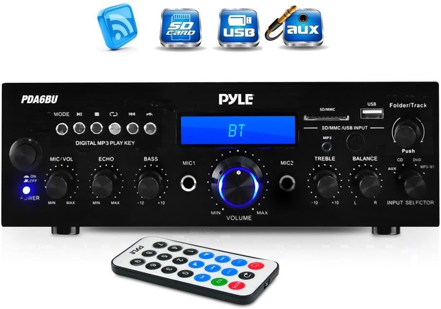 Limited Stock Pyle PDA6BU 200-Watt 2-Channel Digital USB/AUX FM Radio Stereo Amplifier Receiver, Bundle Combo With 4x Enrock EKMR408W 4 Inch 200-Watt 3-Way White Box Speakers, 50 Feet 16-Gauge Speaker Wire